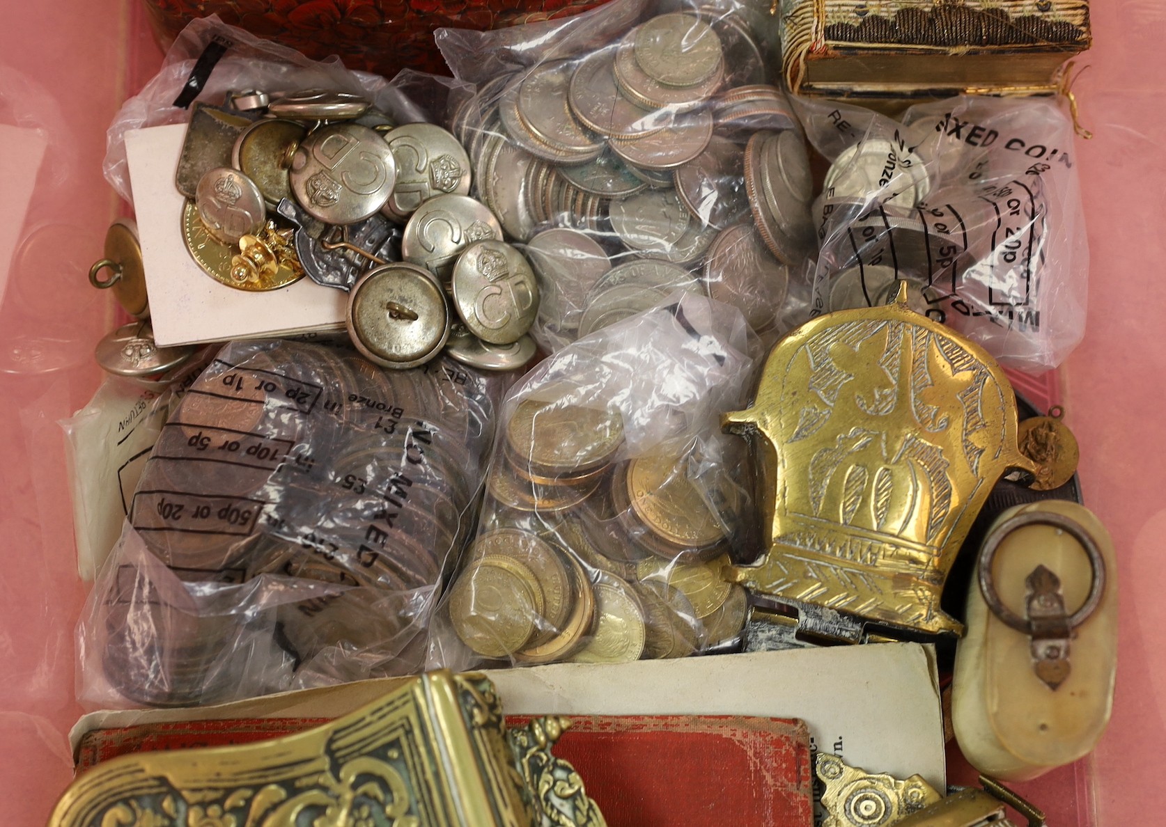 A group of collectibles to include two Napoleon III medallions, coinage, a yellow metal pendant, military buttons etc